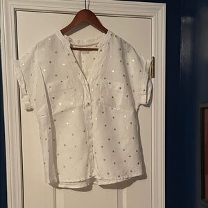 Boden White Linen Top with Gold Dot Detail